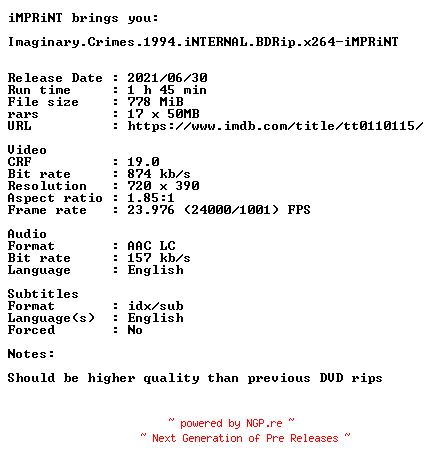 NFO for the release Imaginary.Crimes.1994.iNTERNAL.BDRip.x264-iMPRiNT by iMPRiNT