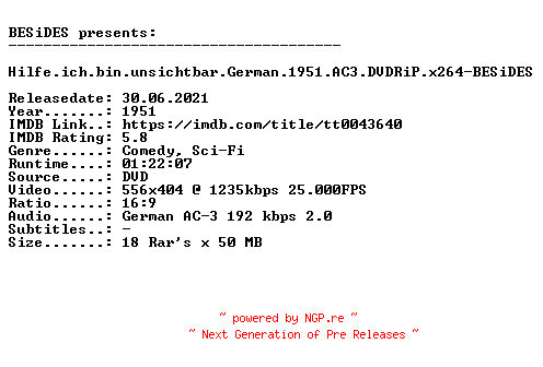 NFO for the release Hilfe.ich.bin.unsichtbar.German.1951.AC3.DVDRiP.x264-BESiDES by BESiDES