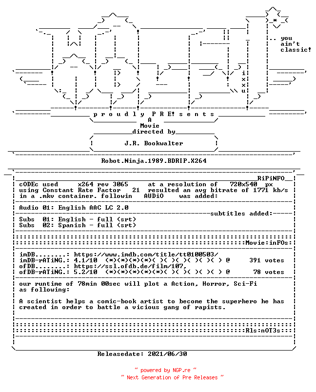 NFO for the release Robot.Ninja.1989.BDRIP.X264-WATCHABLE by WATCHABLE
