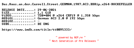 NFO for the release Das.Haus.an.der.Carroll.Street.GERMAN.1987.AC3.BDRip.x264-ROCKEFELLER by ROCKEFELLER