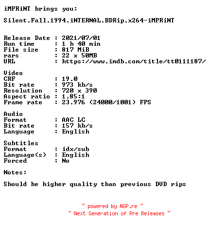 NFO for the release Silent.Fall.1994.iNTERNAL.BDRip.x264-iMPRiNT by iMPRiNT