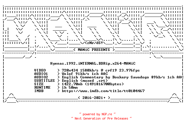 NFO for the release Hyenas.1992.iNTERNAL.BDRip.x264-MANiC by MANiC
