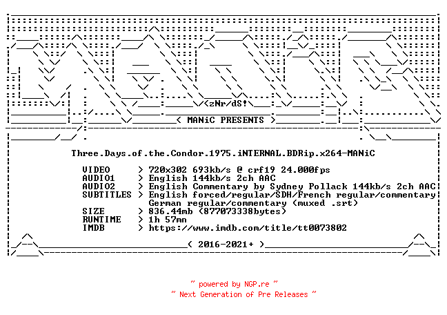 NFO for the release Three.Days.of.the.Condor.1975.iNTERNAL.BDRip.x264-MANiC by MANiC