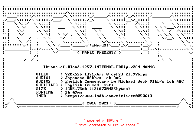 NFO for the release Throne.of.Blood.1957.iNTERNAL.BDRip.x264-MANiC by MANiC