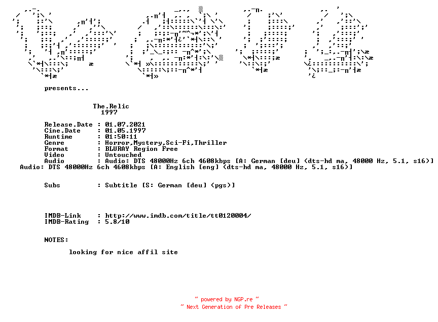 NFO for the release The.Relic.1997.DUAL.COMPLETE.BLURAY.iNTERNAL-VEiL by VEiL