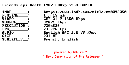 NFO for the release Friendships.Death.1987.BDRip.x264-GAZER by GAZER