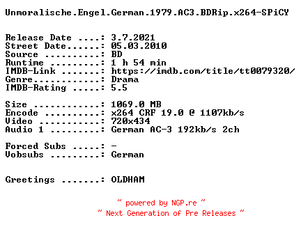 NFO for the release Unmoralische.Engel.German.1979.AC3.BDRip.x264-SPiCY by SPiCY