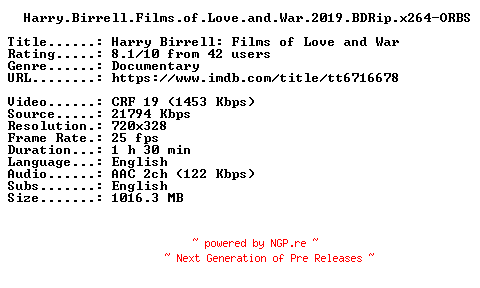 NFO for the release Harry.Birrell.Films.of.Love.and.War.2019.BDRip.x264-ORBS by ORBS