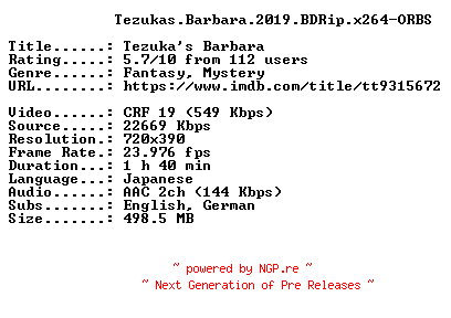 NFO for the release Tezukas.Barbara.2019.BDRip.x264-ORBS by ORBS