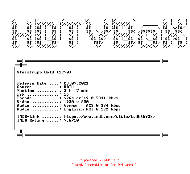 NFO for the release Stosstrupp.Gold.1970.German.DL.1080p.HDTV.x264.iNTERNAL-HDTVBoX by HDTVBoX