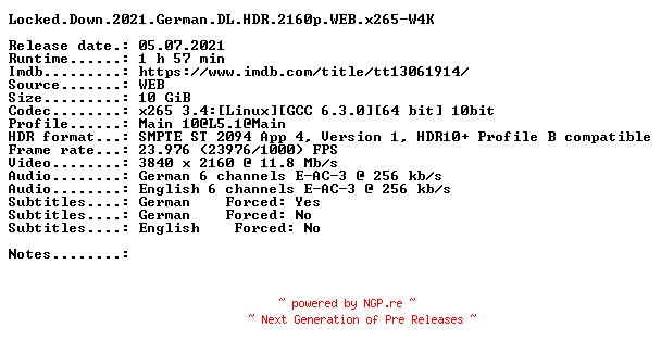 NFO for the release Locked.Down.2021.German.DL.HDR.2160p.WEB.x265-W4K by W4K