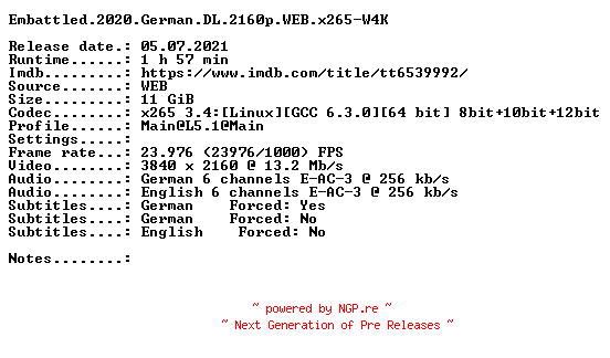 NFO for the release Embattled.2020.German.DL.2160p.WEB.x265-W4K by W4K