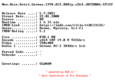 NFO for the release New.Rose.Hotel.German.1998.AC3.BDRip.x264.iNTERNAL-SPiCY by SPiCY