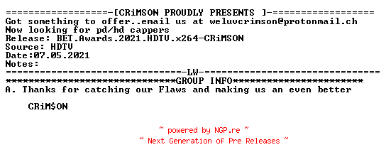 NFO for the release BET.Awards.2021.HDTV.x264-CRiMSON by CRiMSON