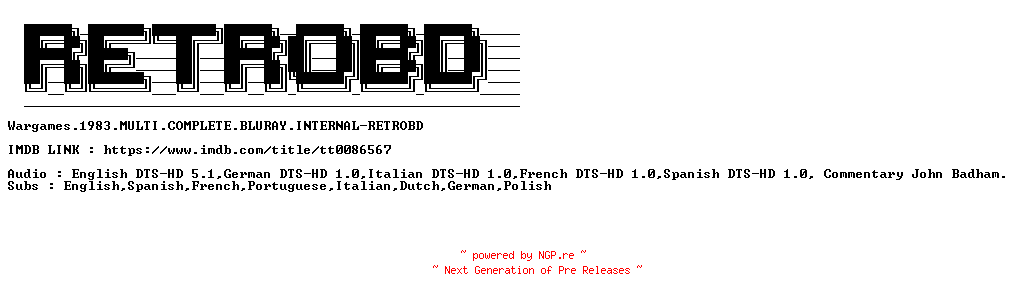 NFO for the release Wargames.1983.MULTI.COMPLETE.BLURAY.INTERNAL-RETROBD by RETROBD