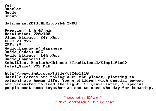 NFO for the release Gatchaman.2013.BDRip.x264-YAMG by YAMG