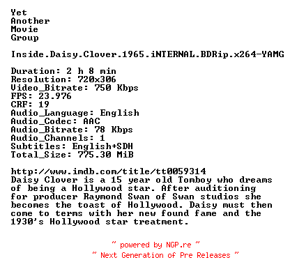NFO for the release Inside.Daisy.Clover.1965.iNTERNAL.BDRip.x264-YAMG by YAMG