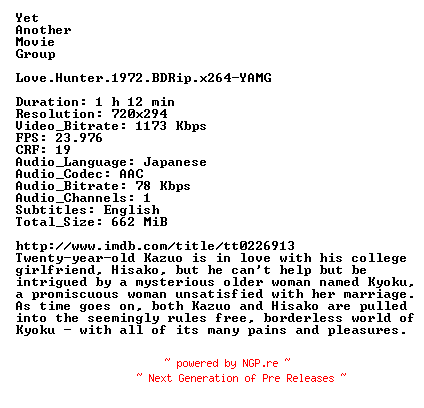 NFO for the release Love.Hunter.1972.BDRip.x264-YAMG by YAMG