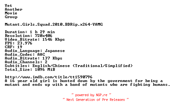 NFO for the release Mutant.Girls.Squad.2010.BDRip.x264-YAMG by YAMG