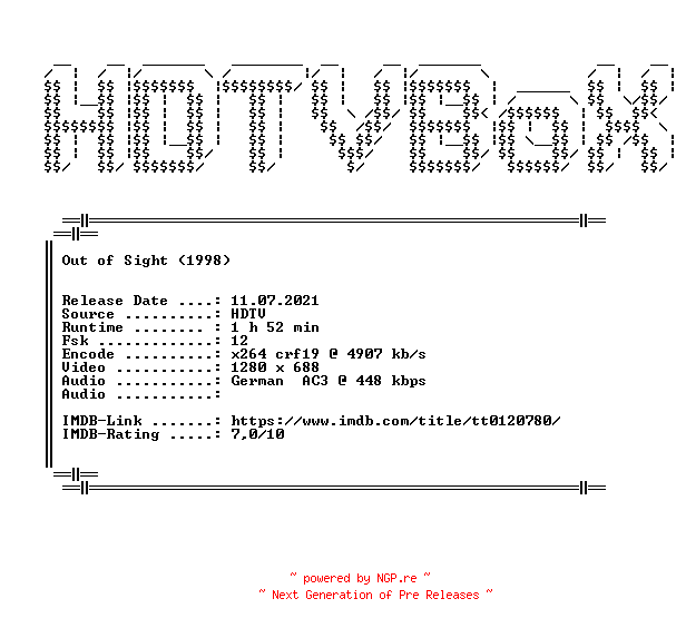 NFO for the release Out.of.Sight.1998.German.DL.720p.HDTV.x264.iNTERNAL-HDTVBoX by HDTVBoX