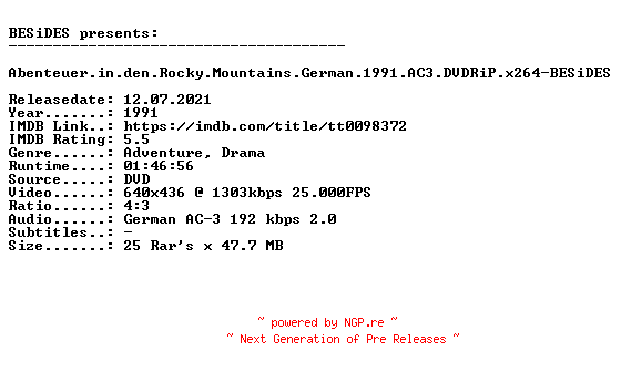 NFO for the release Abenteuer.in.den.Rocky.Mountains.German.1991.AC3.DVDRiP.x264-BESiDES by BESiDES
