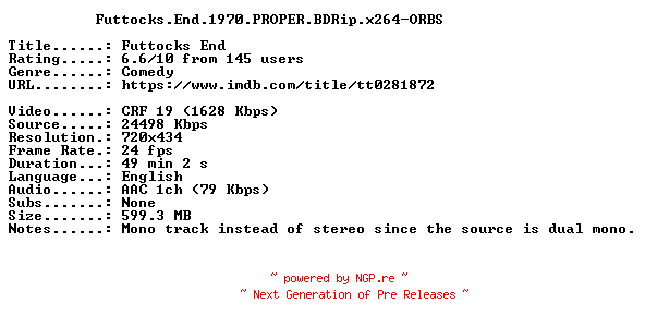NFO for the release Futtocks.End.1970.PROPER.BDRip.x264-ORBS by ORBS