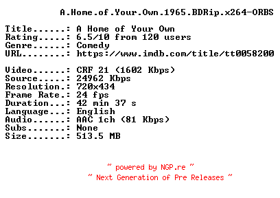 NFO for the release A.Home.of.Your.Own.1965.BDRip.x264-ORBS by ORBS