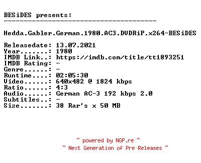 NFO for the release Hedda.Gabler.German.1980.AC3.DVDRiP.x264-BESiDES by BESiDES