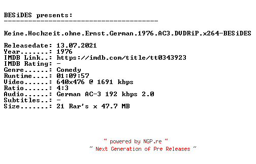NFO for the release Keine.Hochzeit.ohne.Ernst.German.1976.AC3.DVDRiP.x264-BESiDES by BESiDES
