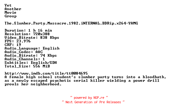 NFO for the release The.Slumber.Party.Massacre.1982.iNTERNAL.BDRip.x264-YAMG by YAMG