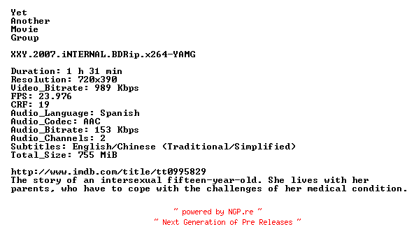 NFO for the release XXY.2007.iNTERNAL.BDRip.x264-YAMG by YAMG