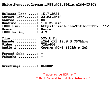 NFO for the release White.Monster.German.1988.AC3.BDRip.x264-SPiCY by SPiCY