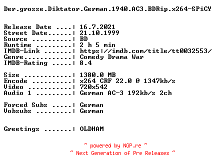 NFO for the release Der.grosse.Diktator.German.1940.AC3.BDRip.x264-SPiCY by SPiCY