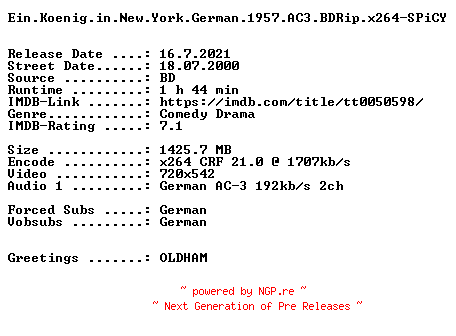 NFO for the release Ein.Koenig.in.New.York.German.1957.AC3.BDRip.x264-SPiCY by SPiCY