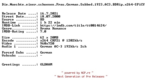 NFO for the release Die.Naechte.einer.schoenen.Frau.German.Subbed.1923.AC3.BDRip.x264-SPiCY by SPiCY