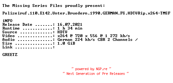 NFO for the release Polizeiruf.110.E142.Unter.Bruedern.1990.GERMAN.FS.HDTVRip.x264-TMSF by TMSF