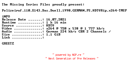 NFO for the release Polizeiruf.110.E143.Das.Duell.1990.GERMAN.FS.HDTVRip.x264-TMSF by TMSF