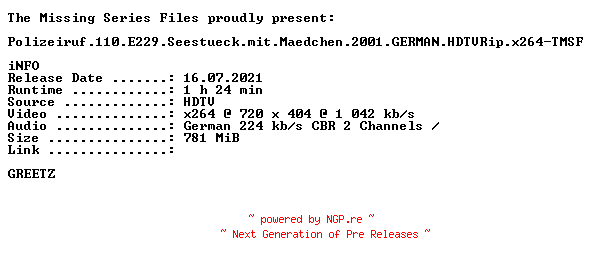 NFO for the release Polizeiruf.110.E229.Seestueck.mit.Maedchen.2001.GERMAN.HDTVRip.x264-TMSF by TMSF