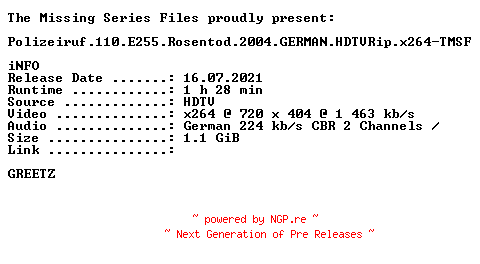 NFO for the release Polizeiruf.110.E255.Rosentod.2004.GERMAN.HDTVRip.x264-TMSF by TMSF