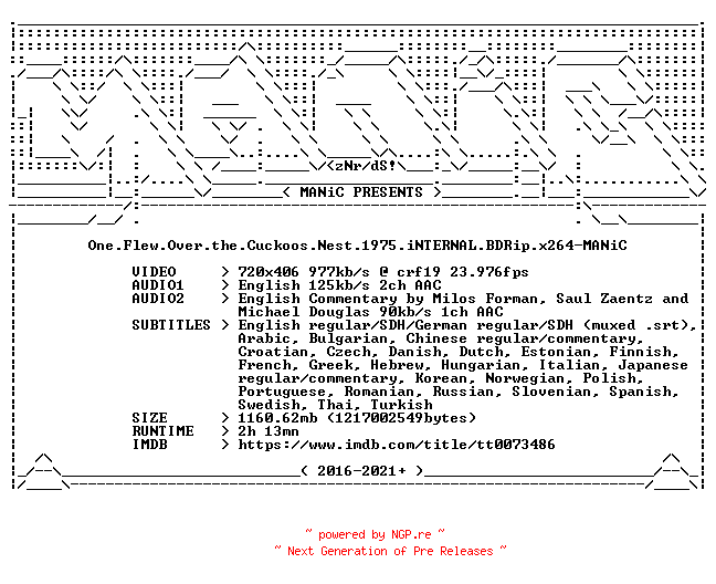 NFO for the release One.Flew.Over.the.Cuckoos.Nest.1975.iNTERNAL.BDRip.x264-MANiC by MANiC