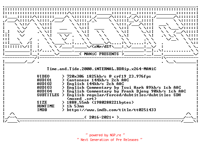 NFO for the release Time.and.Tide.2000.iNTERNAL.BDRip.x264-MANiC by MANiC