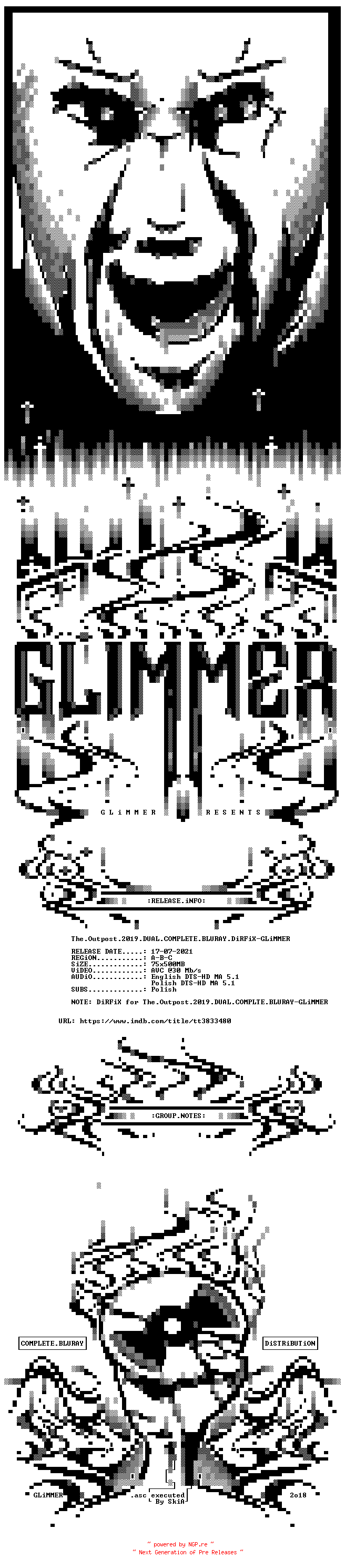 NFO for the release The.Outpost.2019.DUAL.COMPLETE.BLURAY.DiRFiX-GLiMMER by GLiMMER