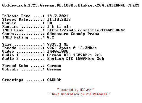 NFO for the release Goldrausch.1925.German.DL.1080p.BluRay.x264.iNTERNAL-SPiCY by SPiCY