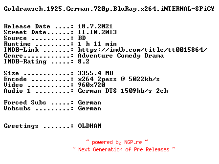 NFO for the release Goldrausch.1925.German.720p.BluRay.x264.iNTERNAL-SPiCY by SPiCY