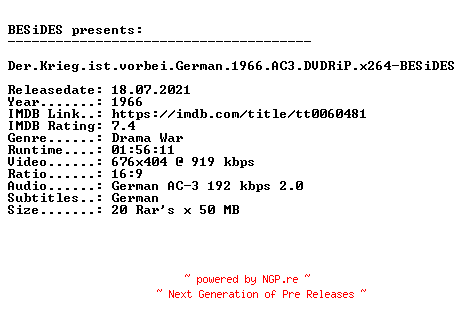 NFO for the release Der.Krieg.ist.vorbei.German.1966.AC3.DVDRiP.x264-BESiDES by BESiDES