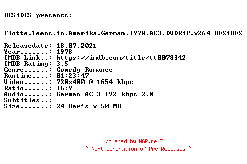 NFO for the release Flotte.Teens.in.Amerika.German.1978.AC3.DVDRiP.x264-BESiDES by BESiDES