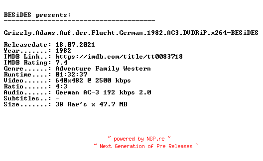 NFO for the release Grizzly.Adams.Auf.der.Flucht.German.1982.AC3.DVDRiP.x264-BESiDES by BESiDES