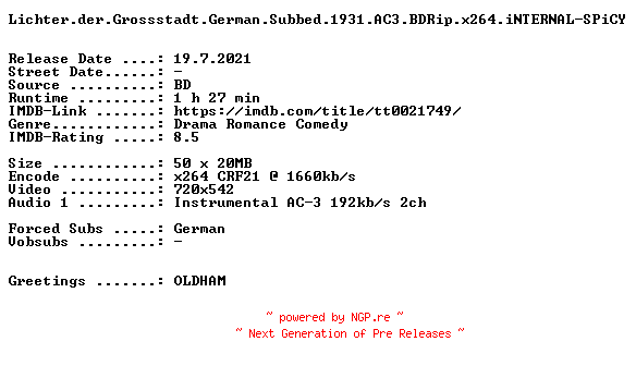 NFO for the release Lichter.der.Grossstadt.German.Subbed.1931.AC3.BDRip.x264.iNTERNAL-SPiCY by SPiCY