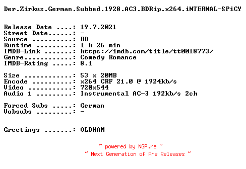 NFO for the release Der.Zirkus.German.Subbed.1928.AC3.BDRip.x264.iNTERNAL-SPiCY by SPiCY