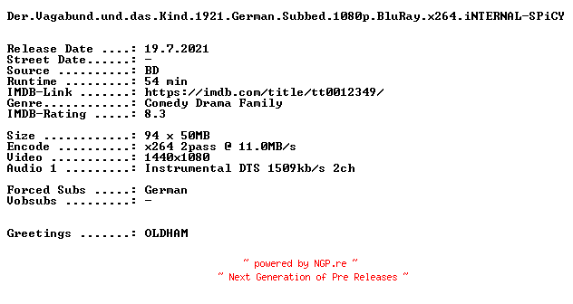 NFO for the release Der.Vagabund.und.das.Kind.1921.German.Subbed.1080p.BluRay.x264.iNTERNAL-SPiCY by SPiCY